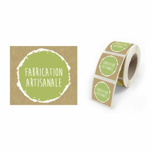 Étiquette adhésive imprimé "Fabrication artisanale" couleur vert et marron
