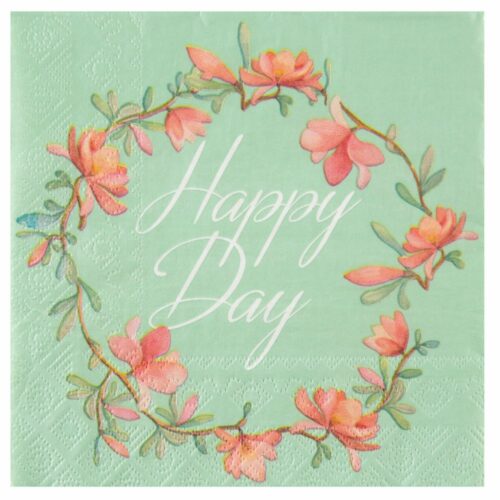 Serviette 30x30 cm, Couleur vert et rose, imprimé "Happy day"