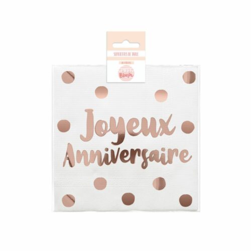 Serviette imprimé "joyeux anniversaire", couleur blanc et rose